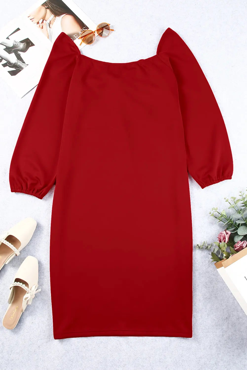 Red Long Sleeve Front Knot Plus size Midi Dress-7
