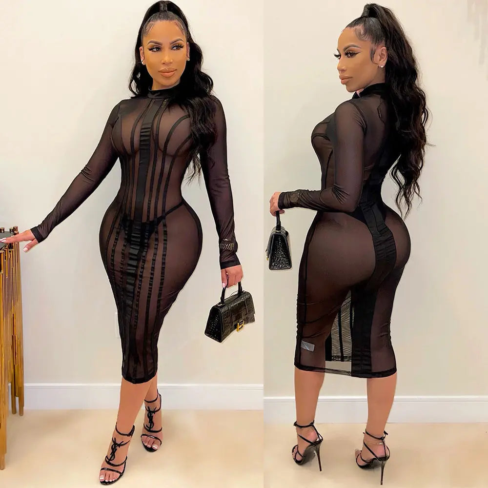 Mesh Stitched Long-Sleeved Dress CJ Dropshiping