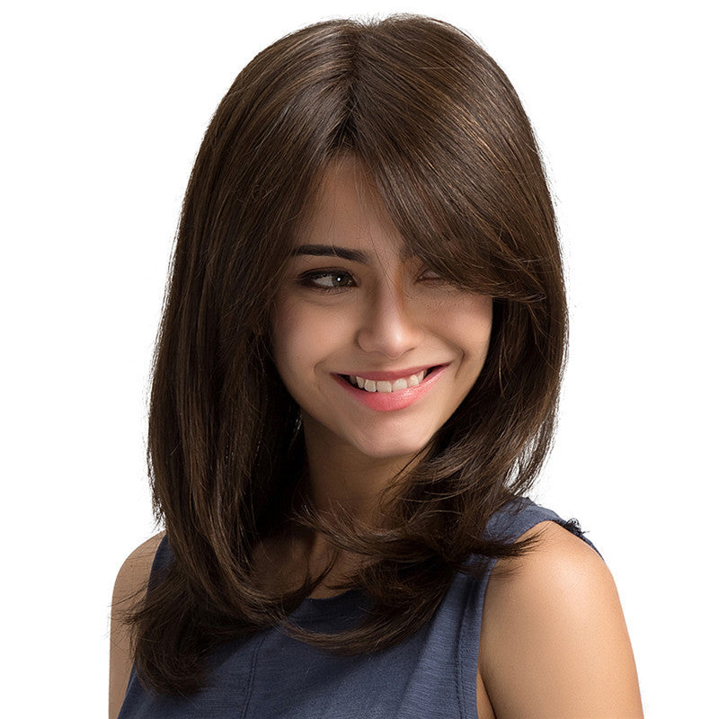 Split Shoulder-length Black Brown High-temperature Fiber Wig For Women Angelassensation