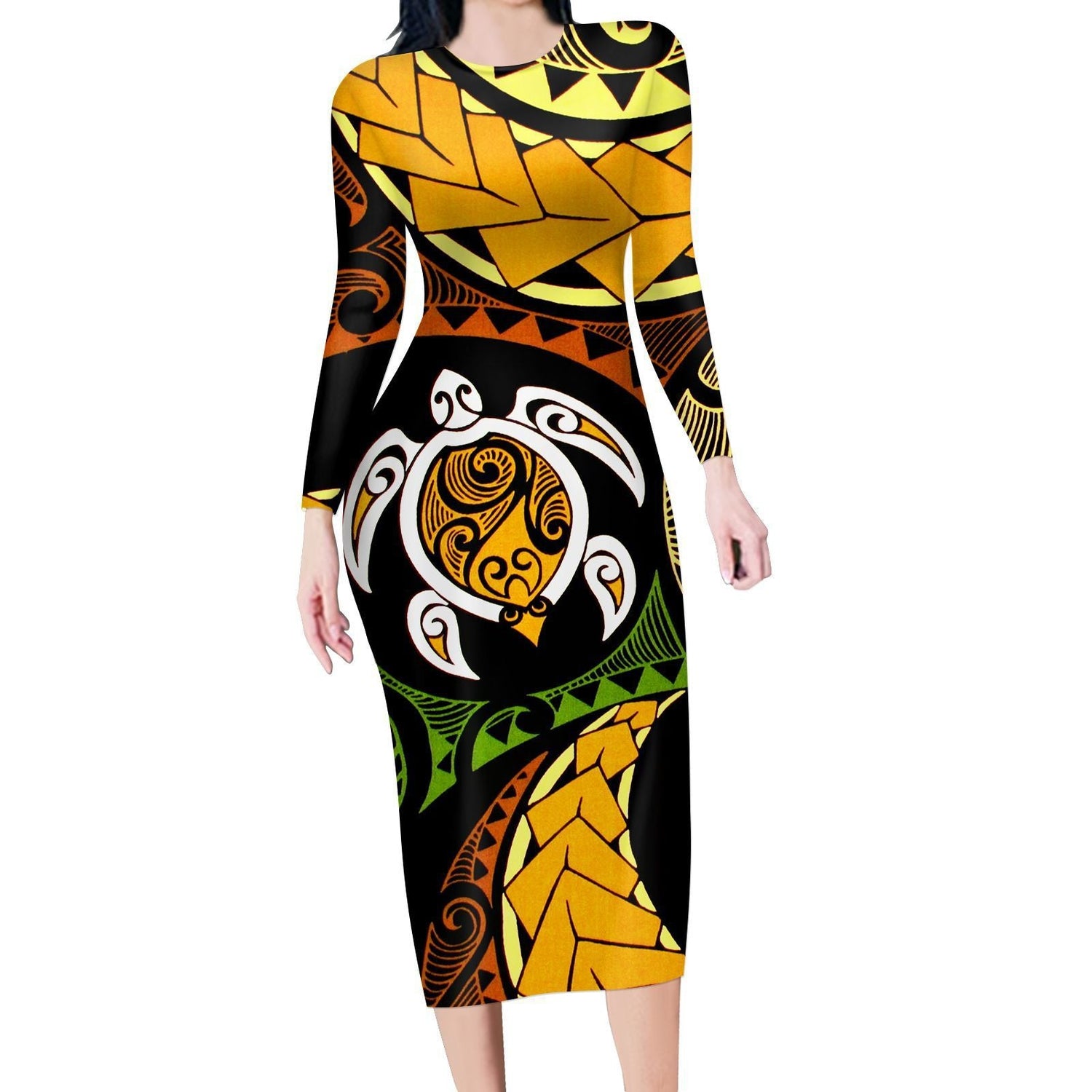 Fashion Printed Diamond Turtle Long Sleeve Dress Angelassensation