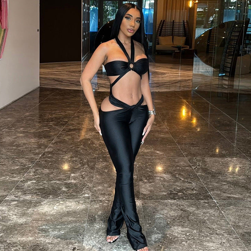 Halter Exposed Navel Low Waist Slim-fit Pants Suit