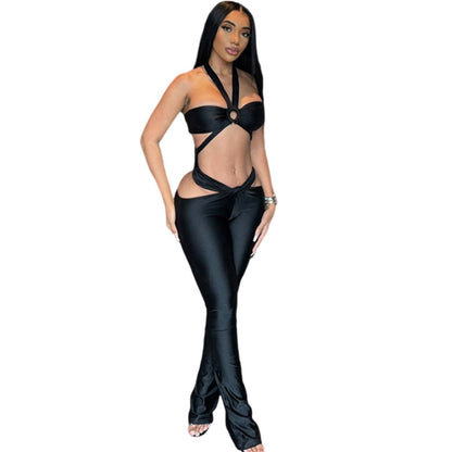 Halter Exposed Navel Low Waist Slim-fit Pants Suit