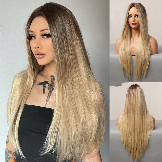 Fashion Brown Grey Long Straight Wig Female Hair