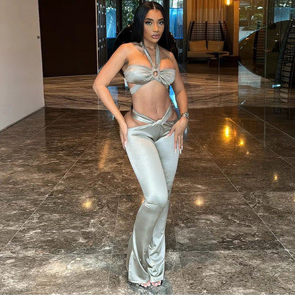 Halter Exposed Navel Low Waist Slim-fit Pants Suit