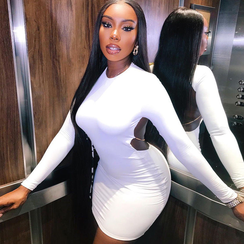 Sexy Leaky Back Dress Long Sleeve Round Neck Bag Hip Skirt Angelassensation