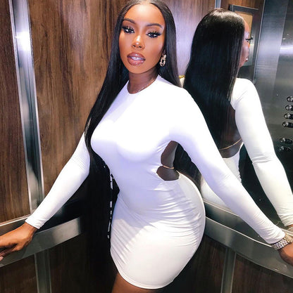 Sexy Leaky Back Dress Long Sleeve Round Neck Bag Hip Skirt Angelassensation