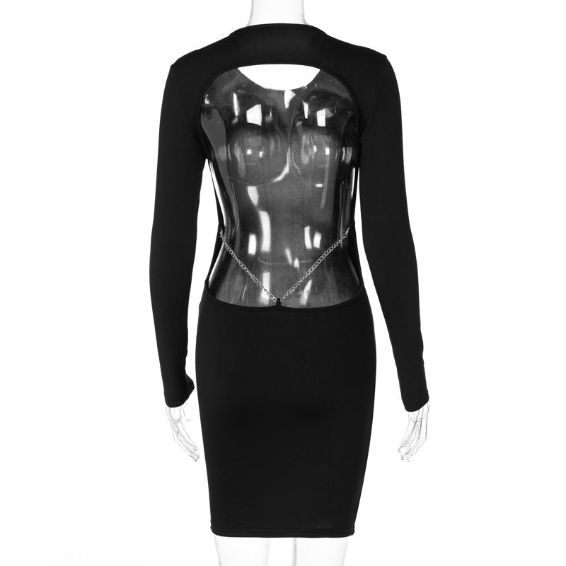 Sexy Leaky Back Dress Long Sleeve Round Neck Bag Hip Skirt Angelassensation