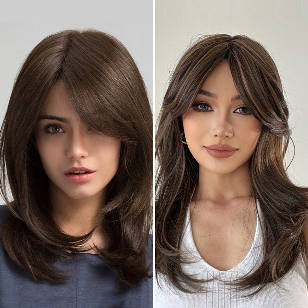 Split Shoulder-length Black Brown High-temperature Fiber Wig For Women Angelassensation