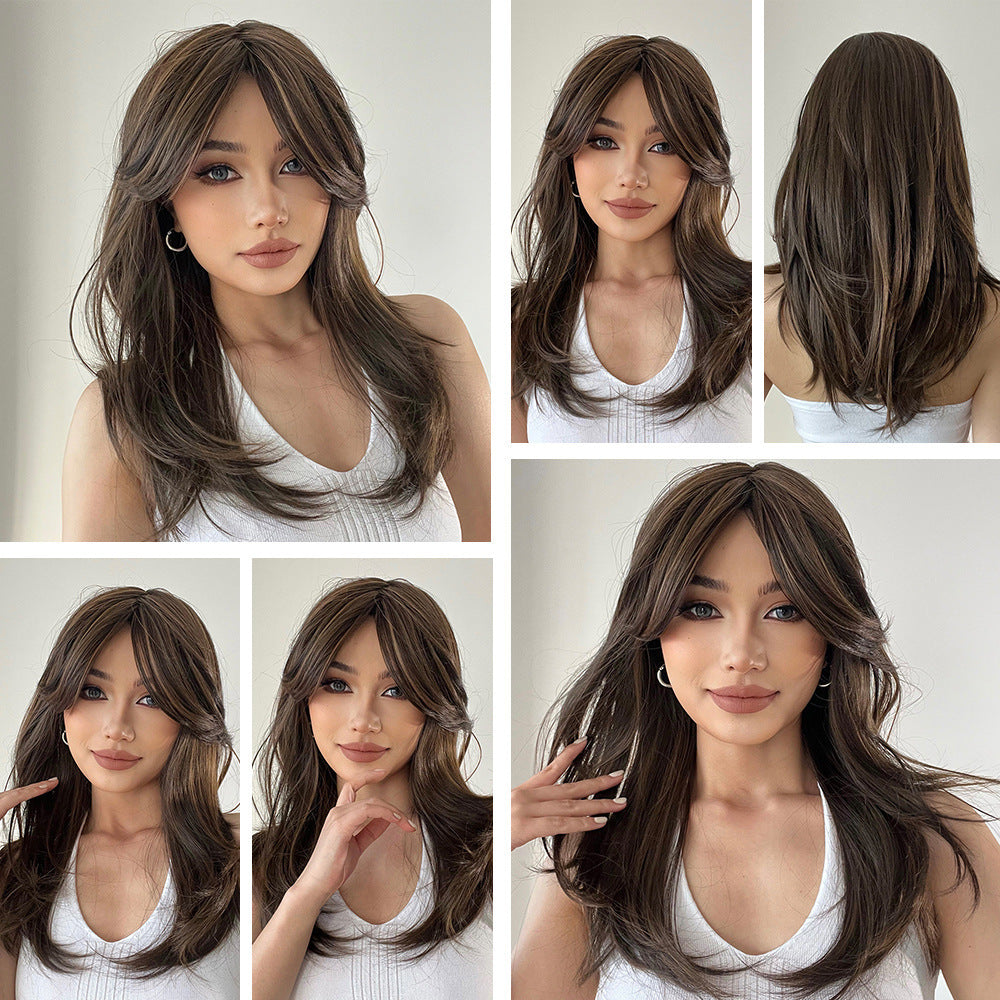 Split Shoulder-length Black Brown High-temperature Fiber Wig For Women Angelassensation
