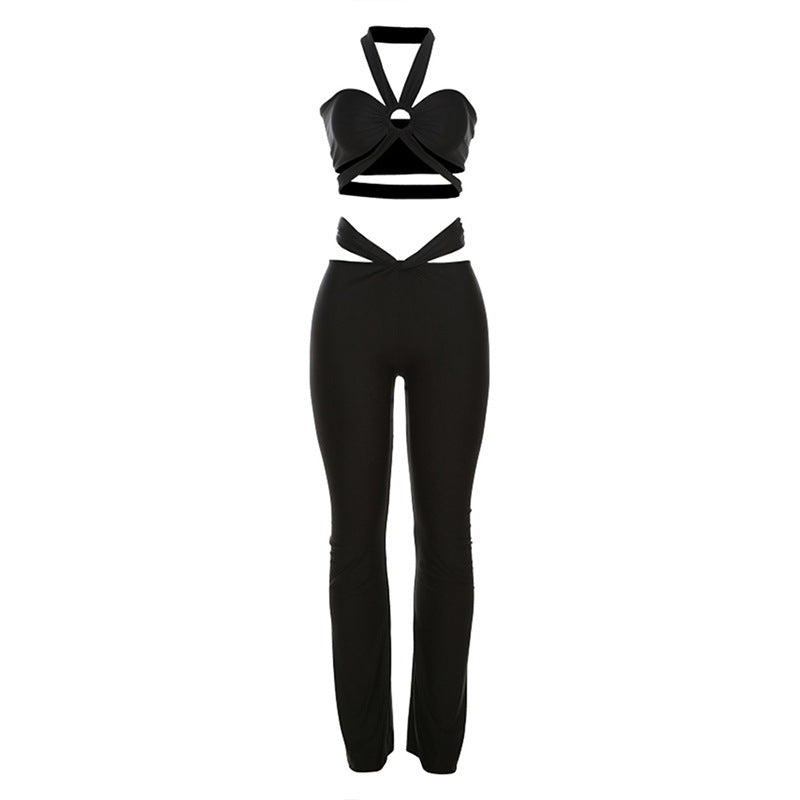 Halter Exposed Navel Low Waist Slim-fit Pants Suit
