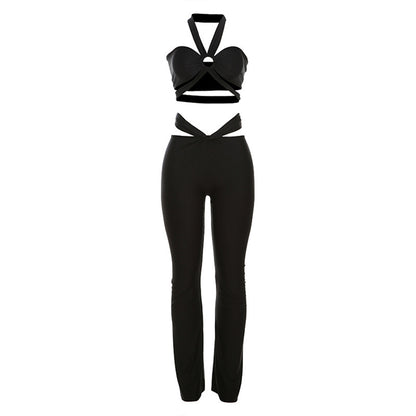 Halter Exposed Navel Low Waist Slim-fit Pants Suit