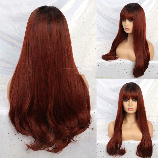 Fashion Brown Grey Long Straight Wig Female Hair