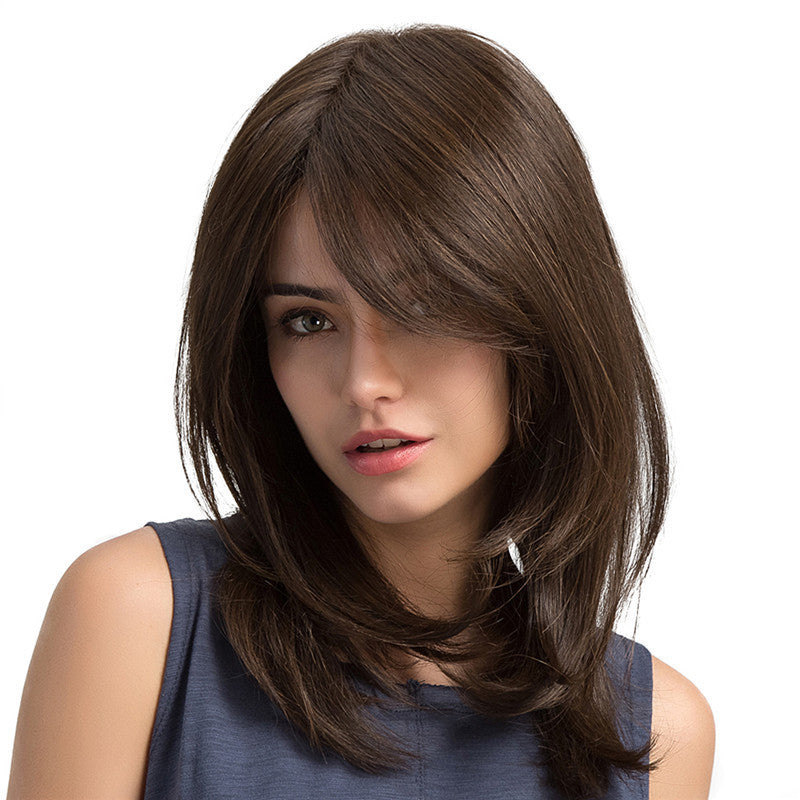Split Shoulder-length Black Brown High-temperature Fiber Wig For Women Angelassensation