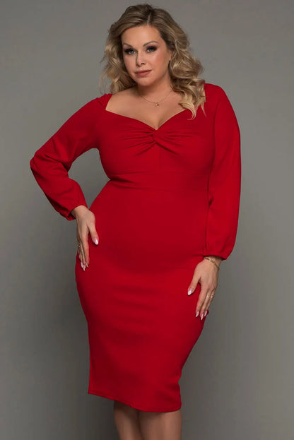 Red Long Sleeve Front Knot Plus size Midi Dress-3