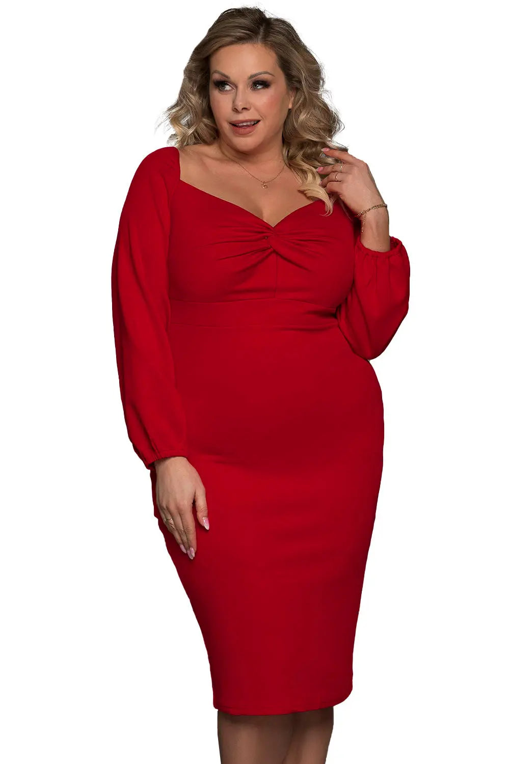 Red Long Sleeve Front Knot Plus size Midi Dress-12