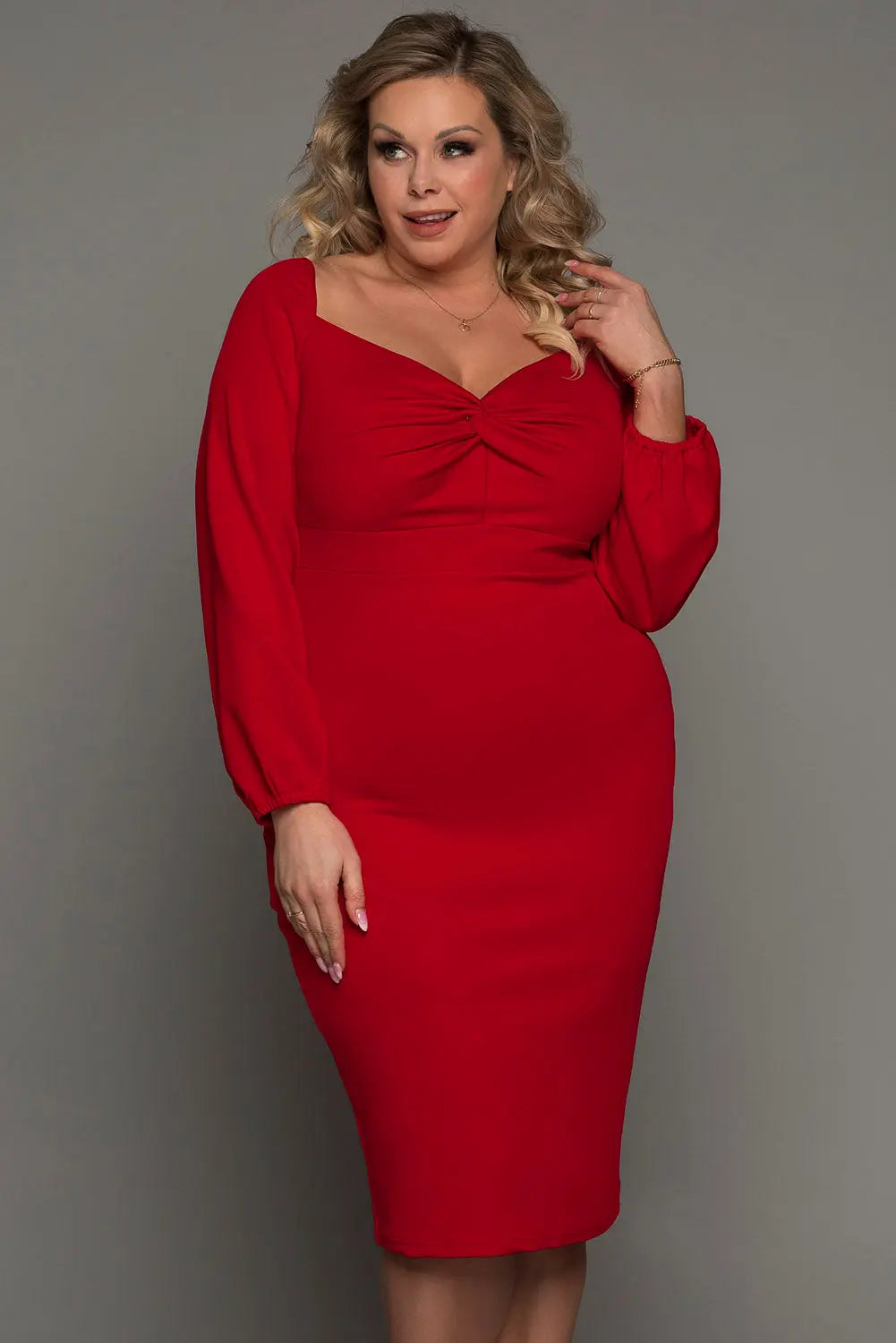 Red Long Sleeve Front Knot Plus size Midi Dress-5