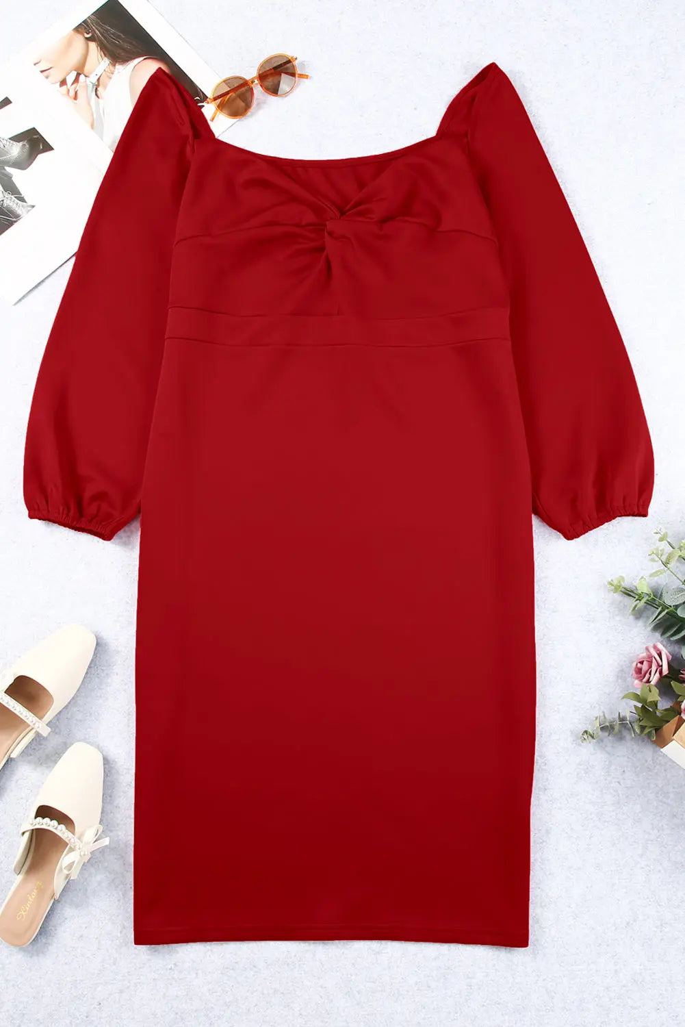 Red Long Sleeve Front Knot Plus size Midi Dress-6